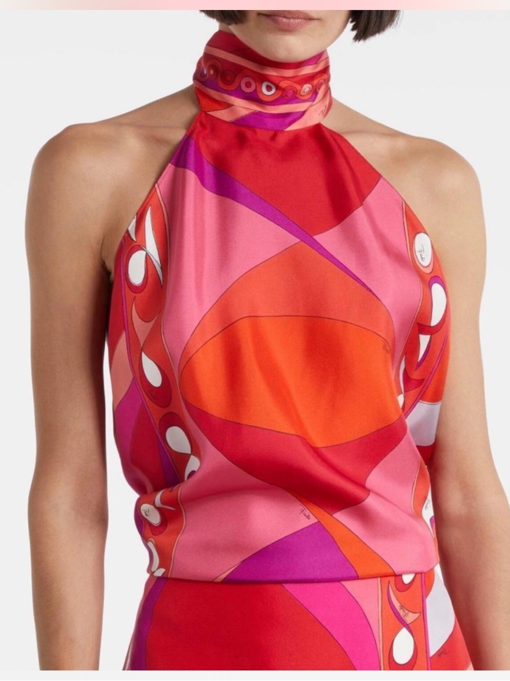 Emilio Pucci Red Pink Orange Print Halter Top